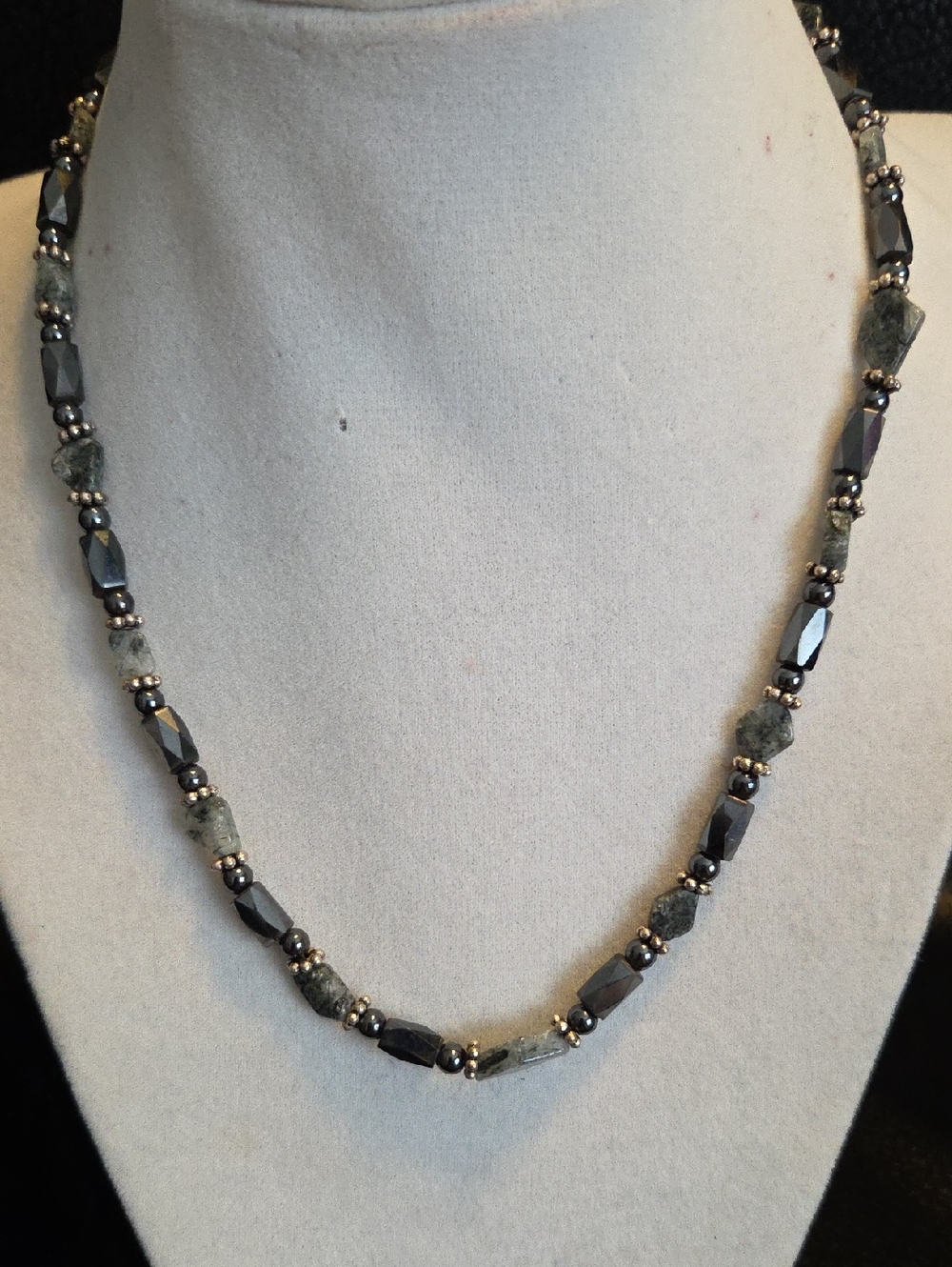 Magnetic Handcrafted Faceted Hematite And Natural Green Stone Beaded Necklace